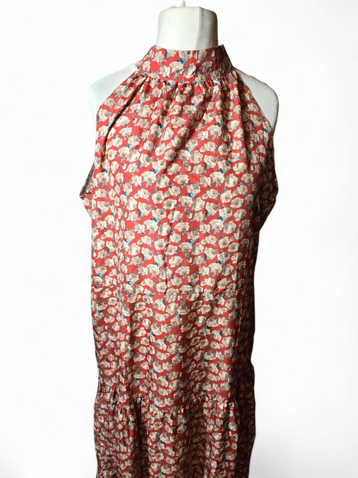 Red & beige floral halterneck sleeveless flared maxi dress XL size 14/16