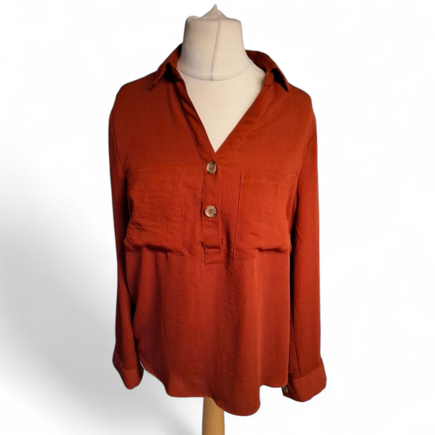 Matalan Burgundy Long Sleeve Blouse – Size 12 – Relaxed Fit with Pockets