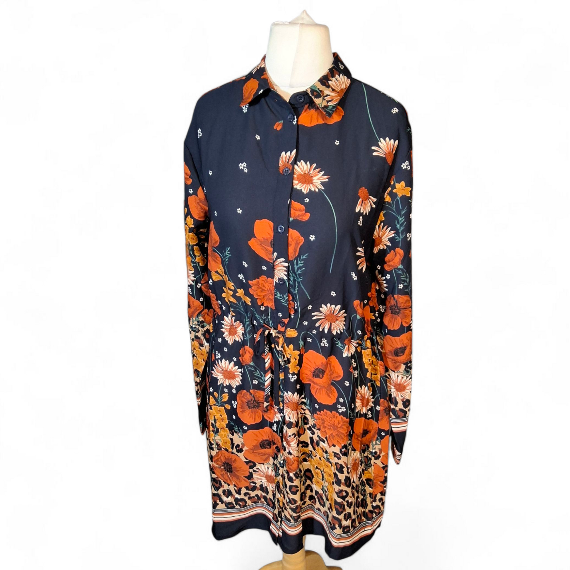 Brave Soul Navy & Orange Floral Leopard Print Shirt Dress – Size M (UK size 10/12)