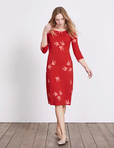 Boden Red Bird Print Midi Dress – Size 18 with Pockets!