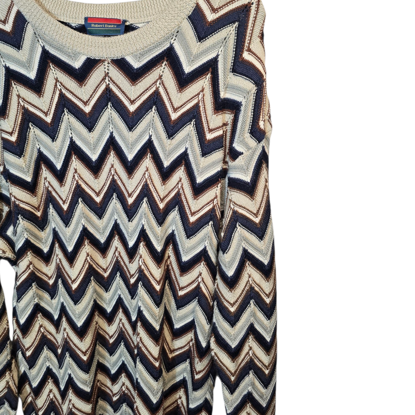 Men’s Vintage Robert Banks Chevron Knitted Jumper – Beige, Brown & Navy – Longer Length