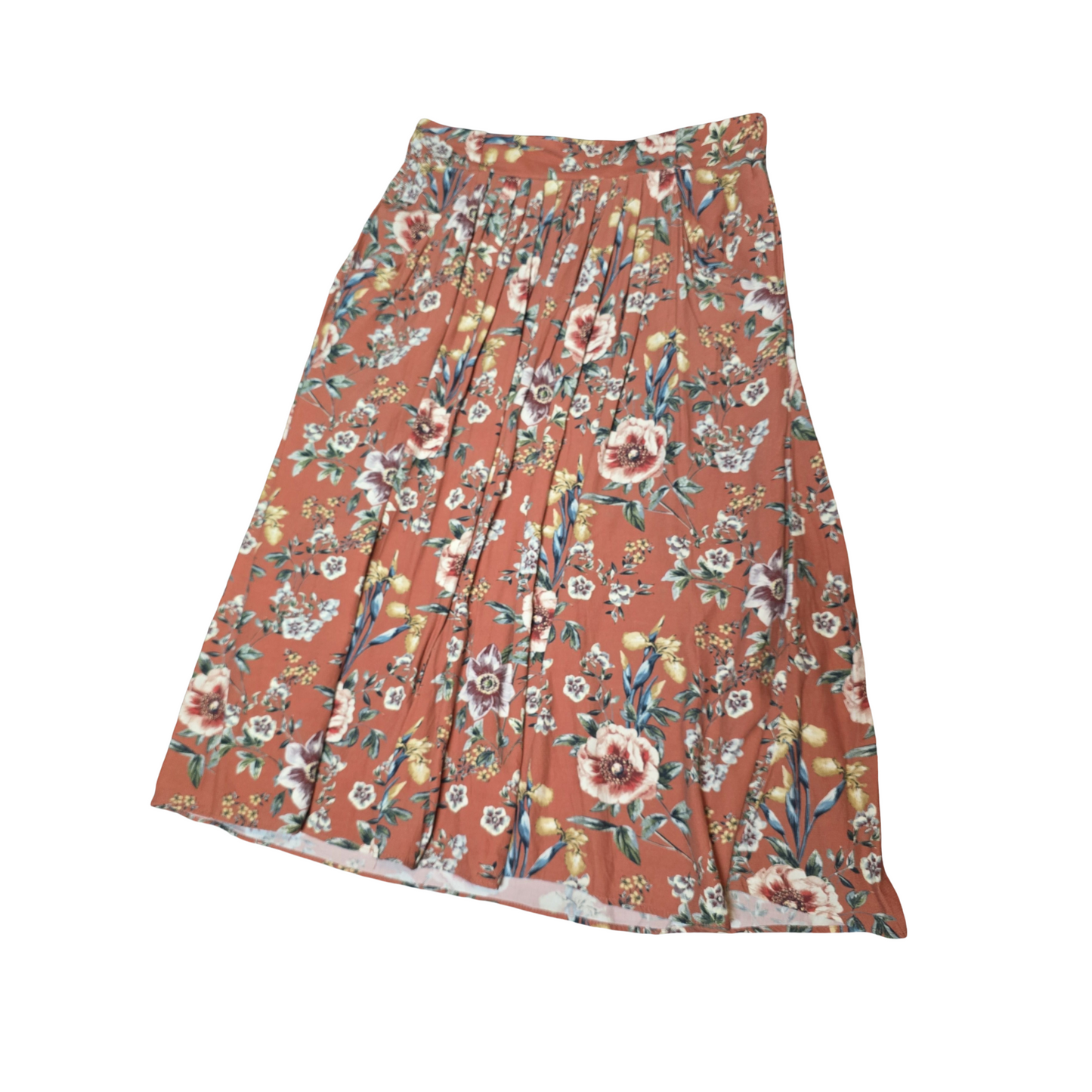 Laura Ashley Rust Floral Midi Skirt – UK Size 8 – Pockets + Pretty Vibes
