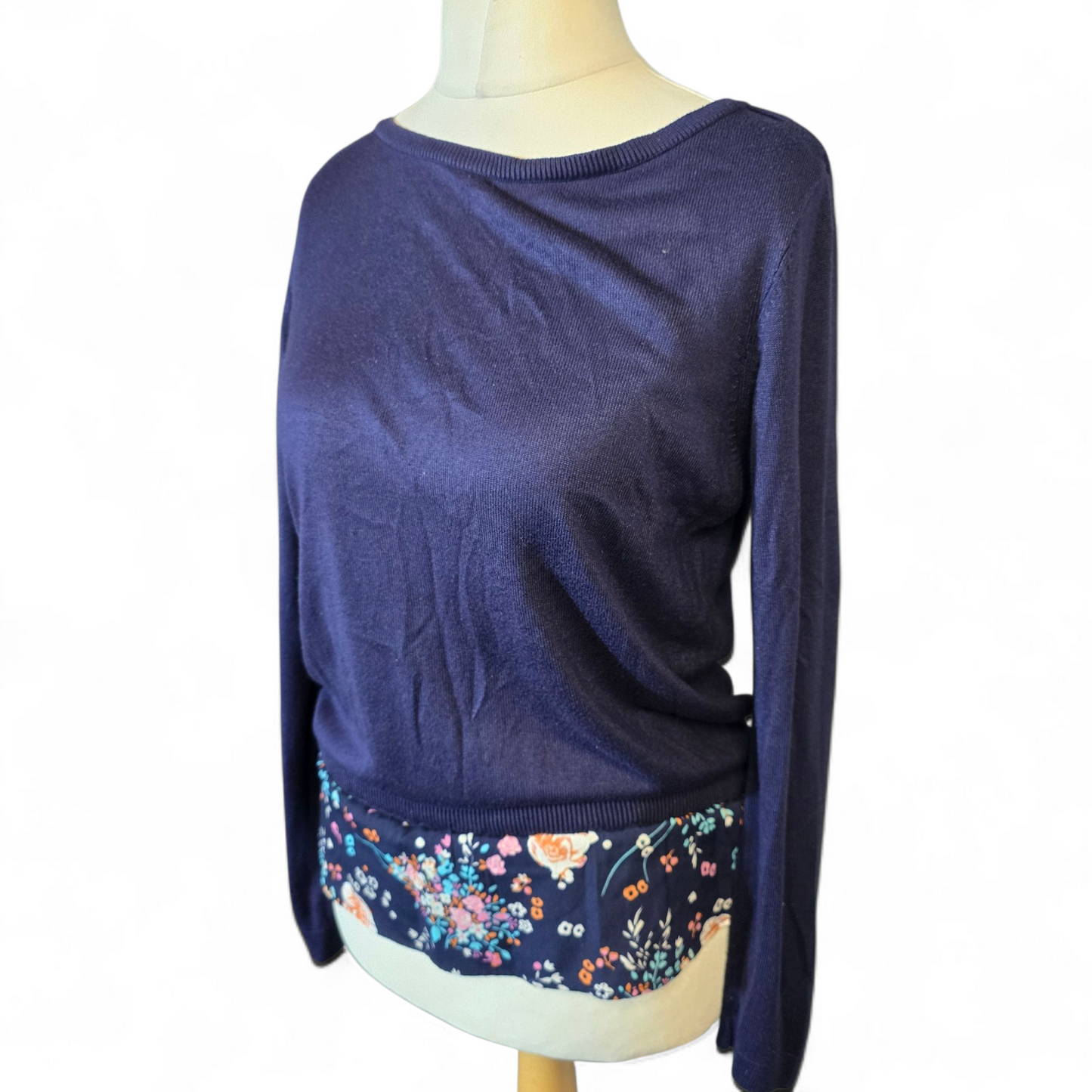 George Navy Floral Hem Jumper – Size 10 – Tie Back & Layered Shirt Look