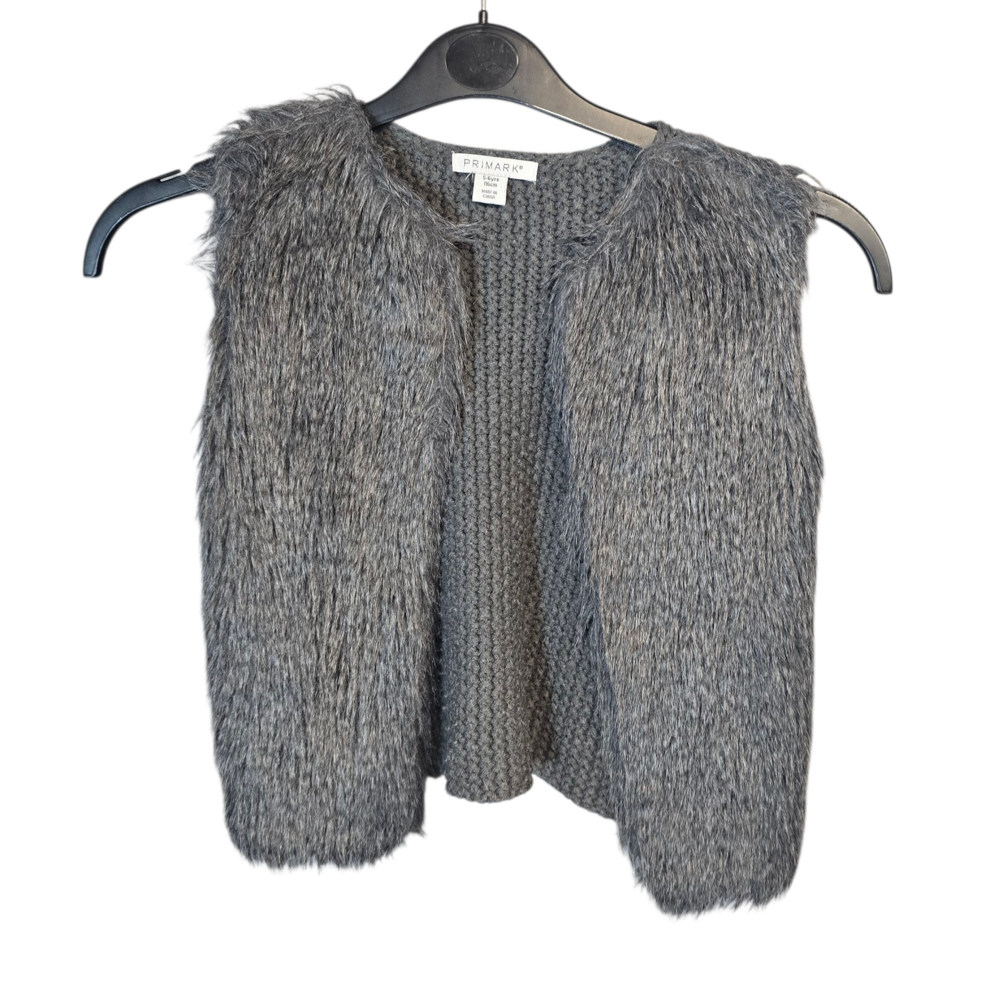 Primark Grey Faux Fur & Knit Gilet – Girls 5–6 Years – Sleeveless Open Front