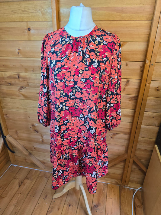 George Black & Red Floral Dress – Size 12 – NWT – Frilly Knee Length – 3/4 Sleeves