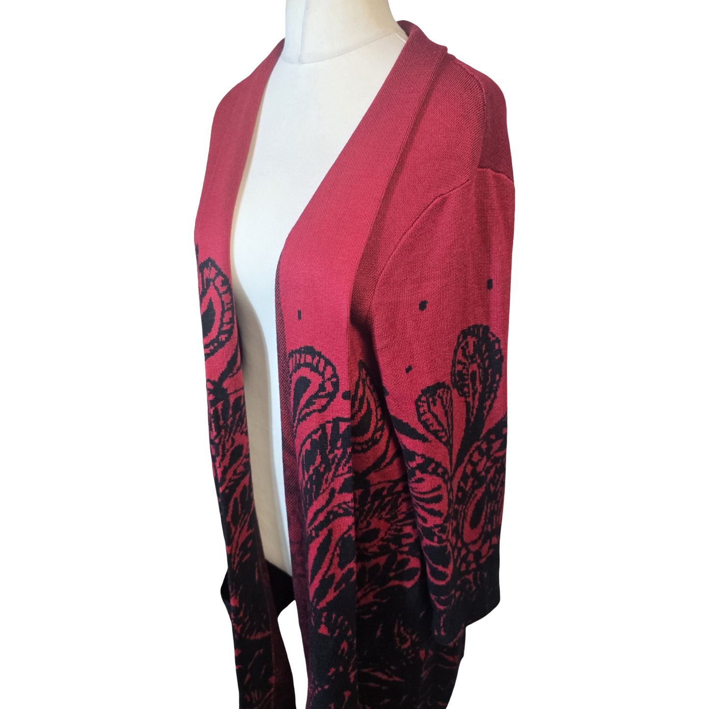 Damart Red & Black Floral Midi Open Cardigan – Size 18/20 Pockets