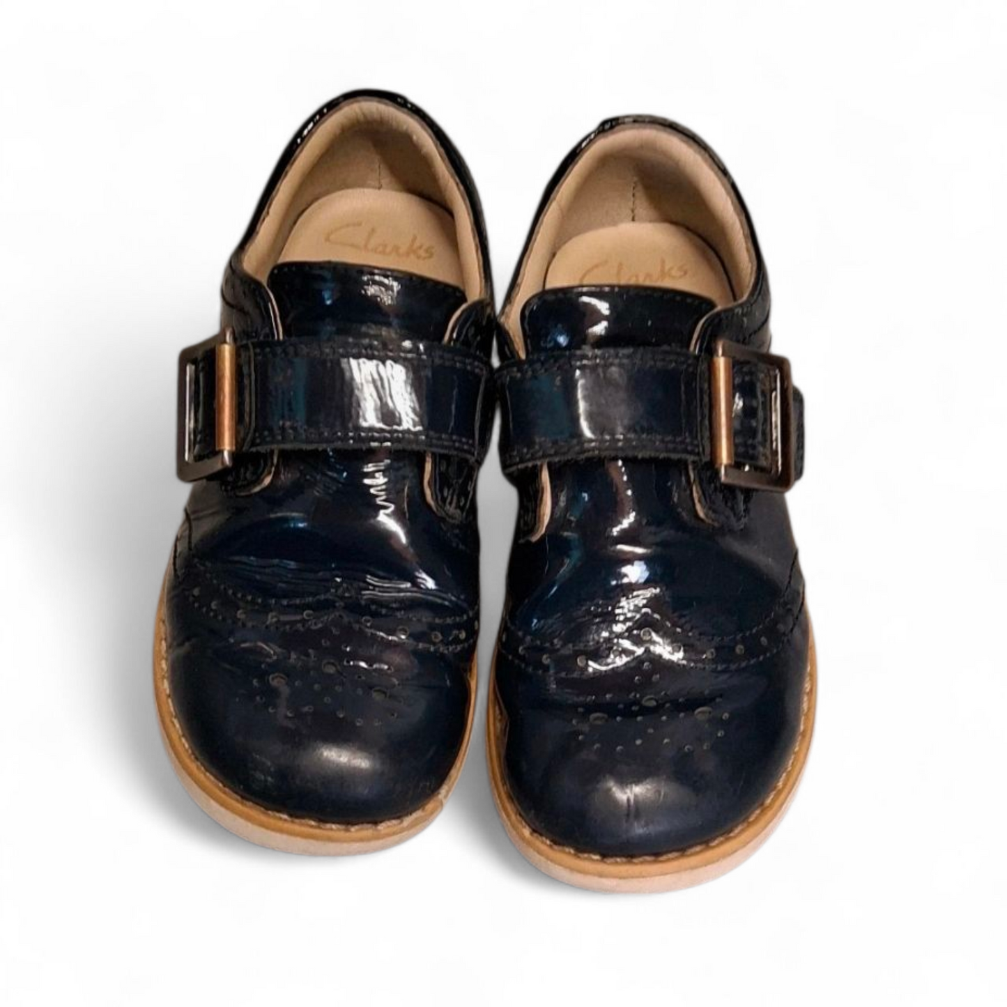 Clarks Navy Patent Brogue Shoes Size 8.5G – Velcro Fastening Kids School Shoes