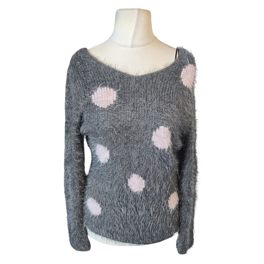 Marble Grey & Pink Polka Dot Fluffy Jumper – Size S (size 8/10 Oversized Fit)