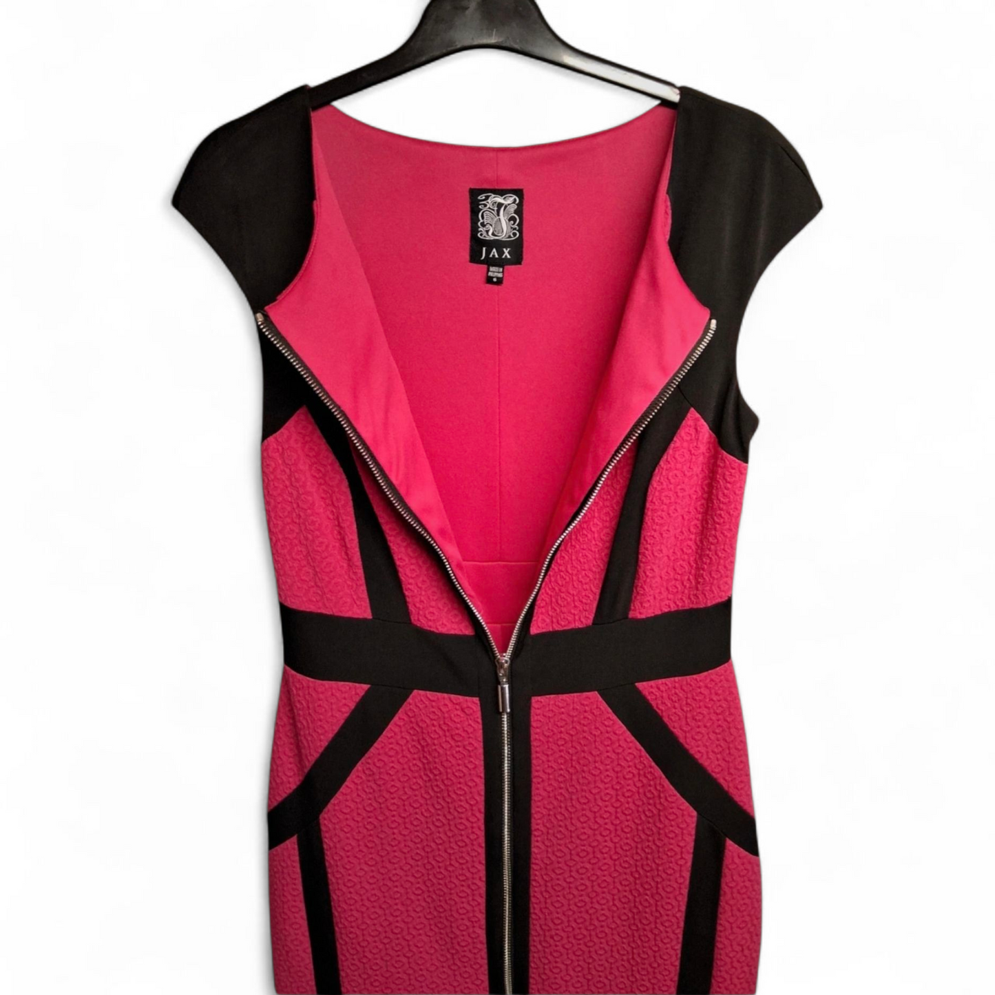 Jax Pink & Black Zip Front Bodycon Midi Dress – UK size 6/8 – Bold Contrast Panels – Party Ready