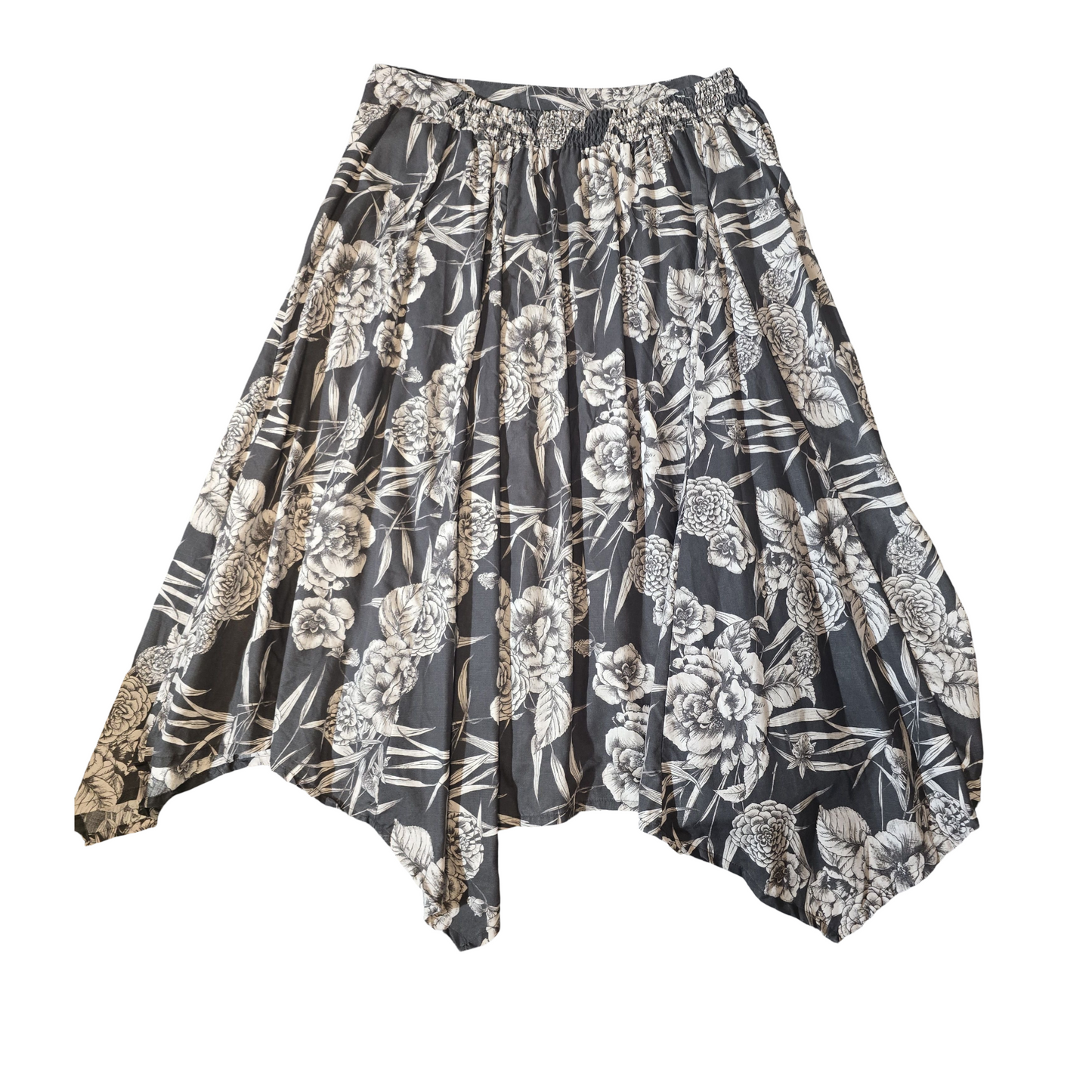 Thought Grey & White Floral Asymmetrical Midi Skirt – Size 18, 100% Lyocell, Elastic Back