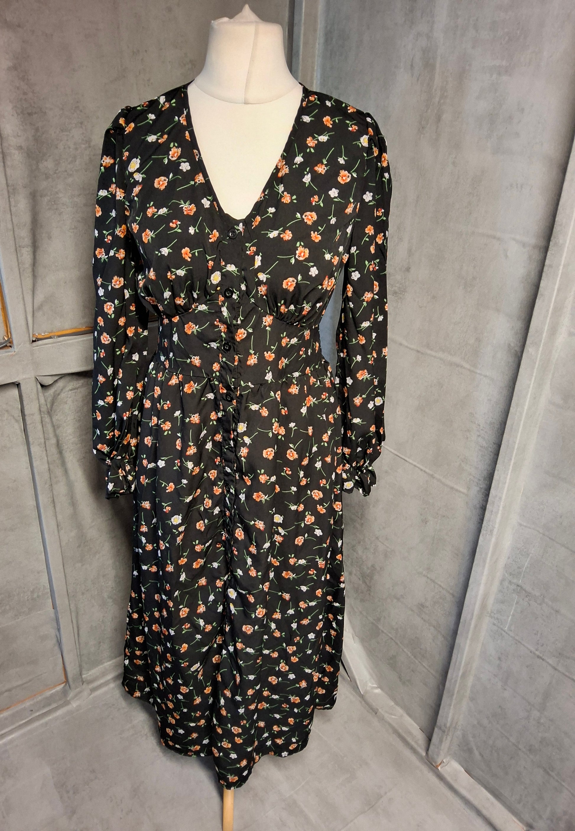 Shein Black Floral Midi Dress – Size M (UK 10) – Button Front, Long Sleeves, Elastic Cuffs