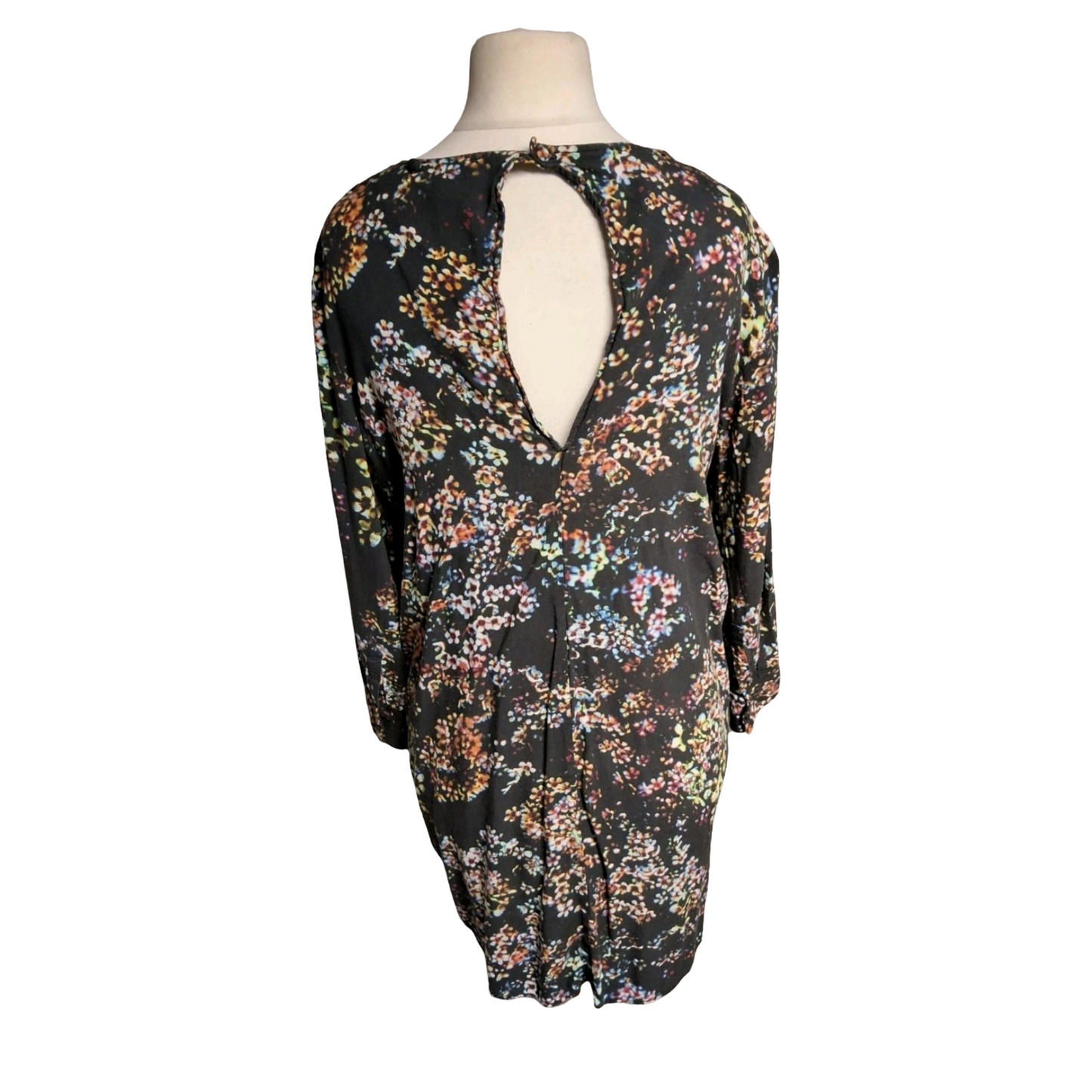 & Other Stories Floral Mini Dress – Size 10 – ¾ Sleeves – Keyhole Back – Black with Colourful Print