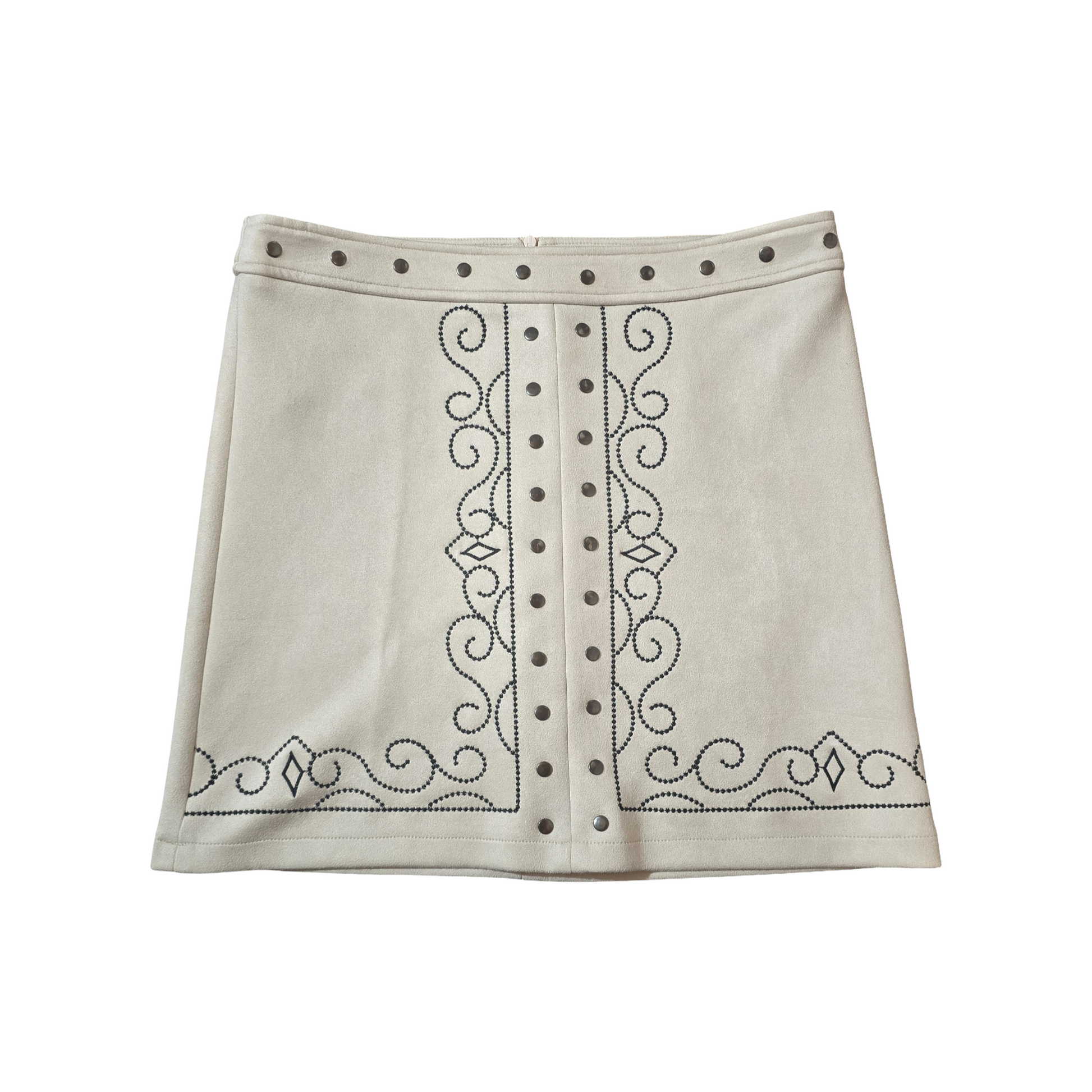 Glamorous Cream Faux Suede Mini Skirt – Size L (UK size 12) – Stud & Embroidered Detail
