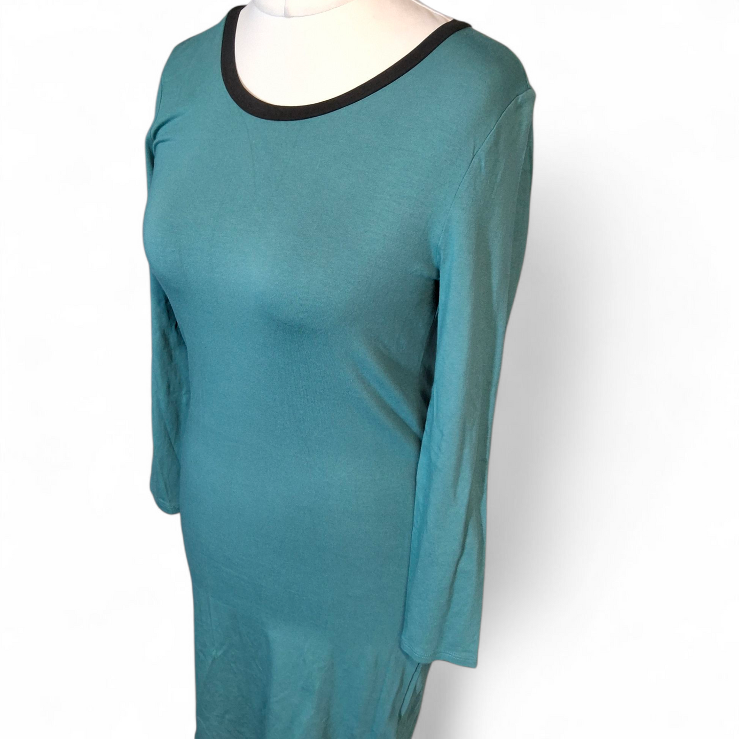 Quba & Co Teal Green & Black Bodycon Dress – 3/4 Sleeve – Cotton Modal – Knee Length – Size 1 (UK size 8/10)