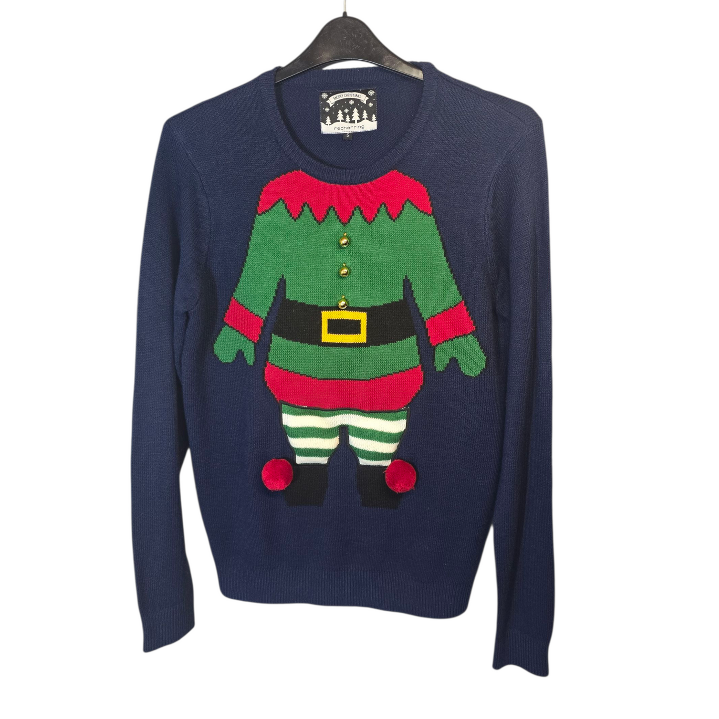 Red Herring Navy Men’s Christmas Jumper – Size S – Elf Knit with Bells 38" Chest