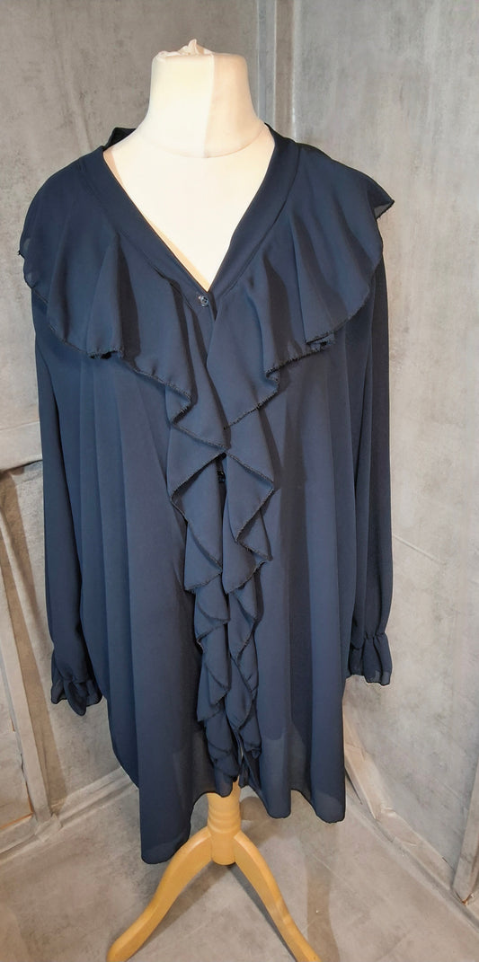 Diverse Navy Blue Longline Frill Blouse – Sheer Sleeves – One Size
