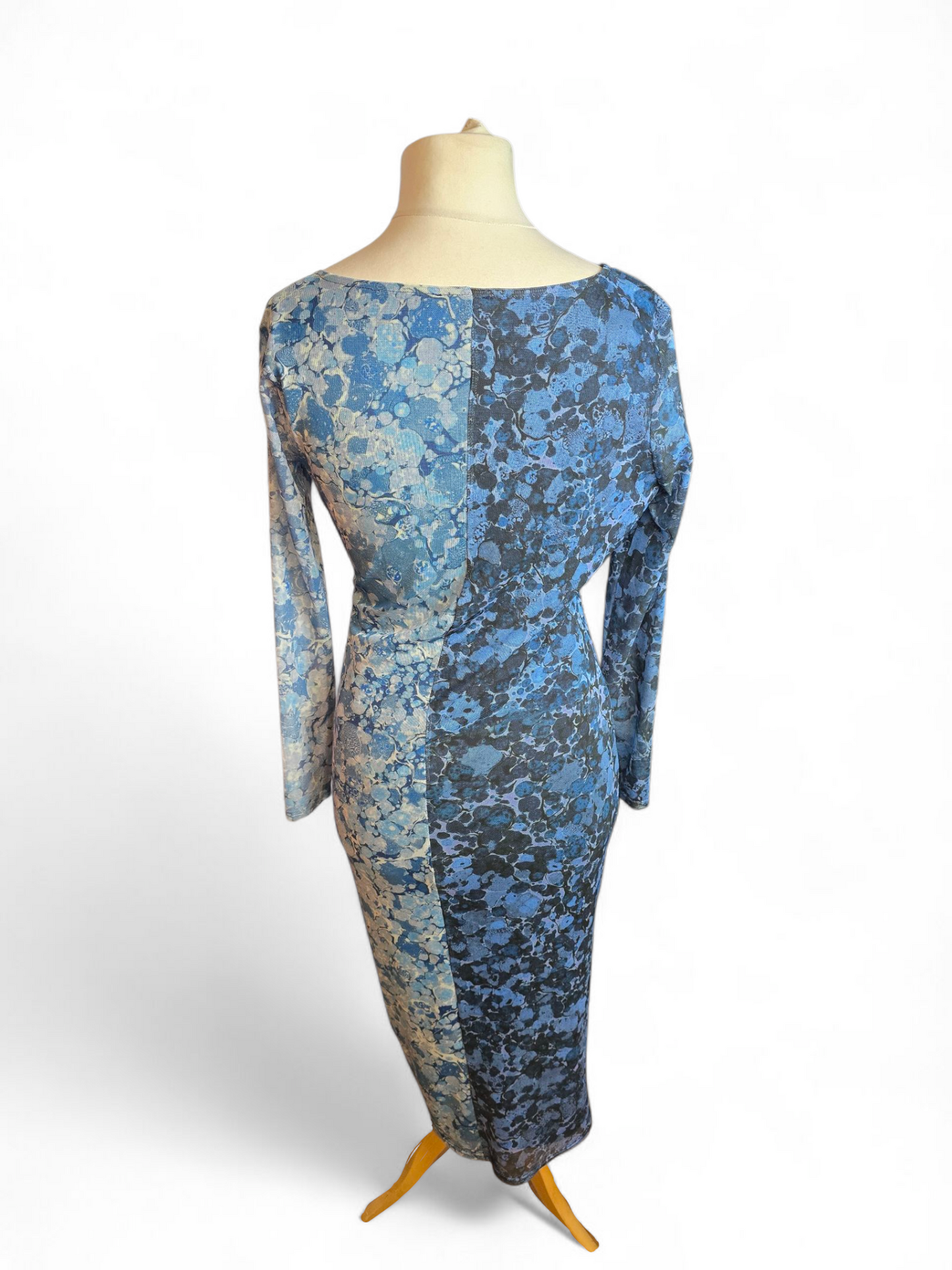 Warehouse Petite Blue Midi Dress Size 14 – Sheer Sleeves, Ruched Waist, Lined, V-Neck, Polyester