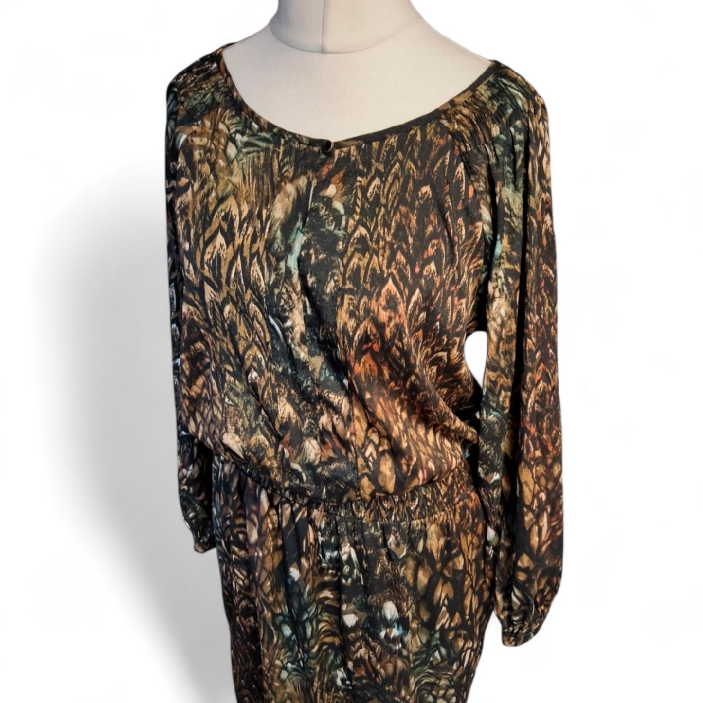 Laura Ashley Black Brown & Blue Patterned Long Sleeve Dress – Size 14