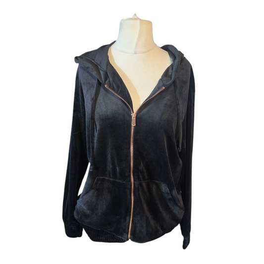 Matalan Black Velvet Hoodie – Size L (size 16/18) – Zip Up Soft Hooded Jumper