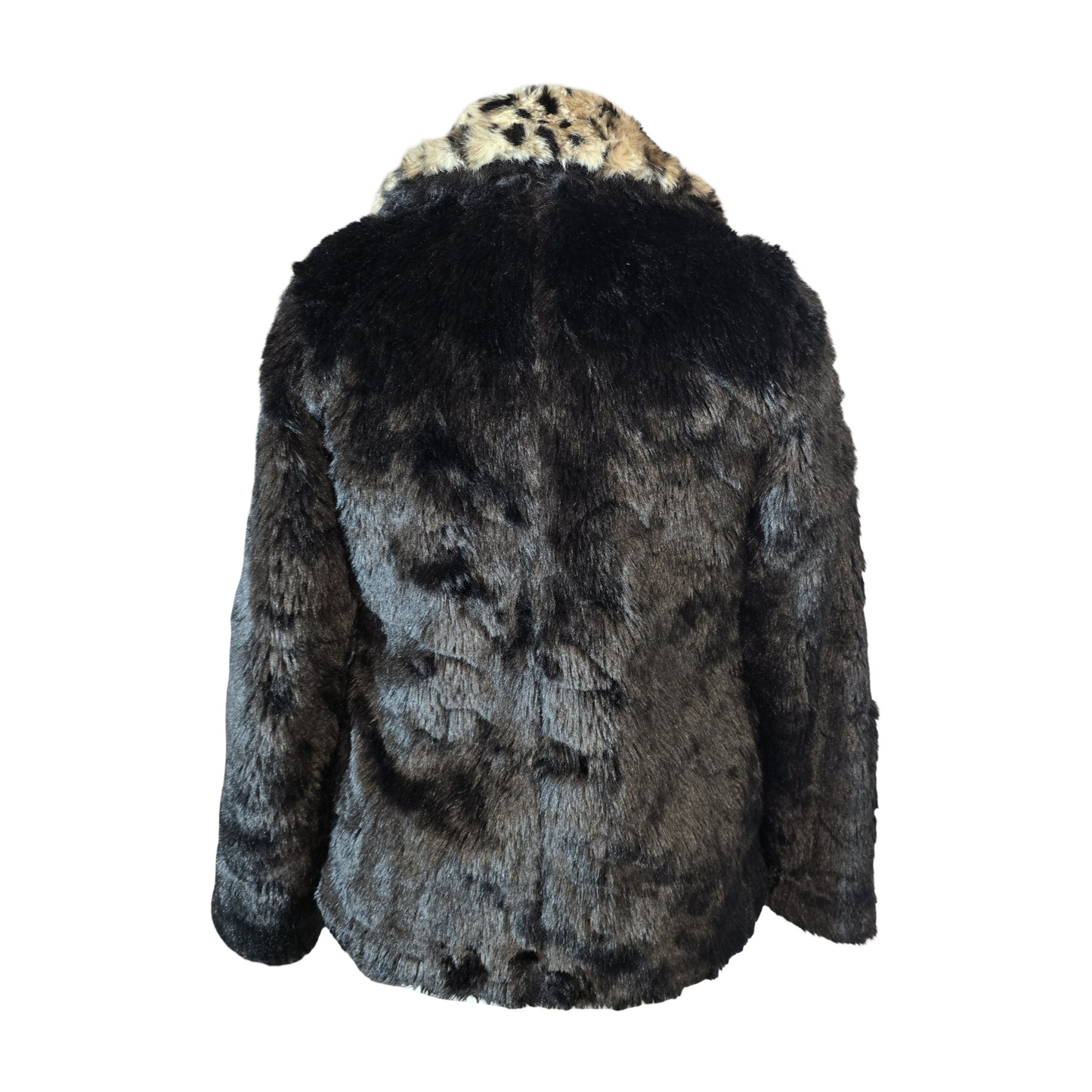 Glamorous Black & Beige Animal Faux Fur Coat – Size 8 – Mid Length, Lined