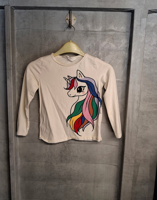 H&M Girls White Long Sleeve Unicorn T-Shirt – Age 6-8 Years – 100% Cotton