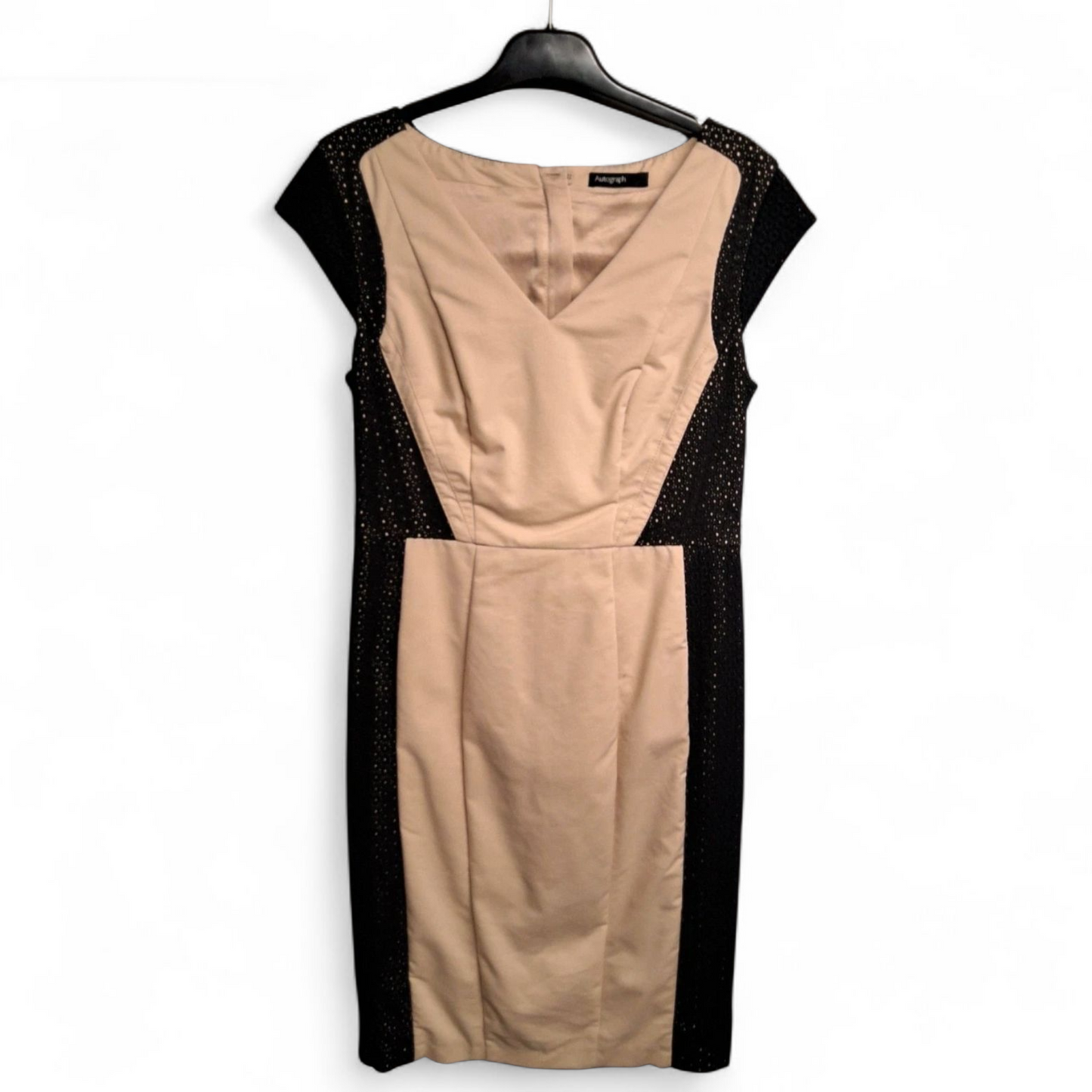 Autograph Beige & Black Pencil Dress – Size 10 – V-Neck Midi