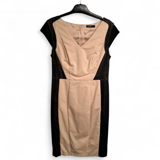 Autograph Beige & Black Pencil Dress – Size 10 – V-Neck Midi