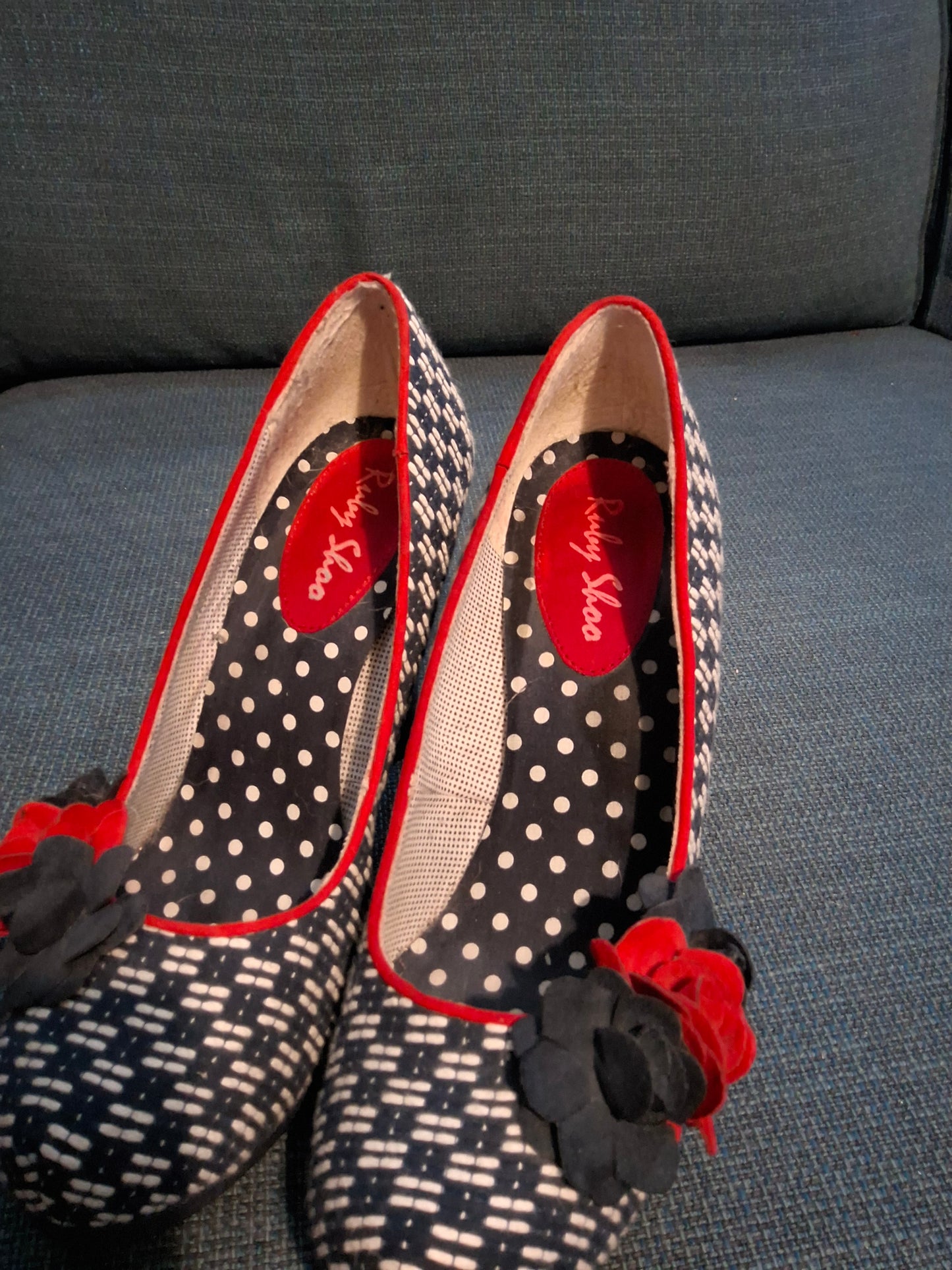 Ruby Shoo Navy White & Red Knit Design Block Heel Shoes – UK 5 – 9cm Heel