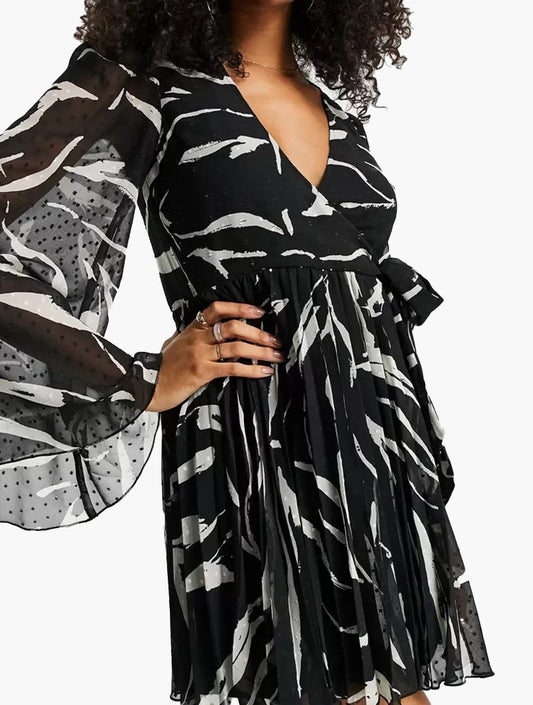 ASOS Black & White Sheer Long Sleeve Wrap Dress | Size 12