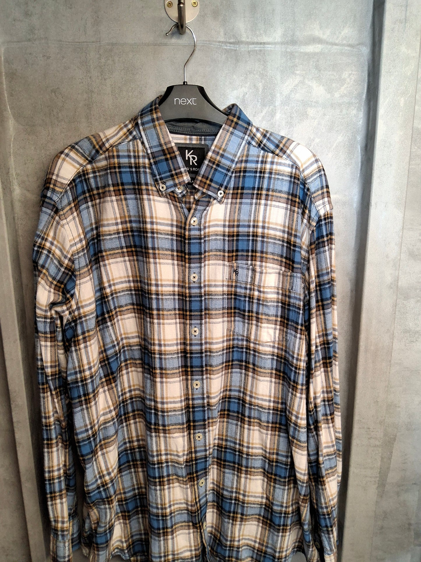 King’s Road Blue, Beige & White Checked Shirt – Men’s XL – 100% Cotton