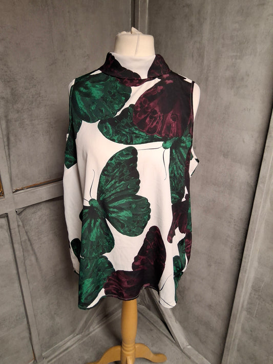 Next Size 18 Sleeveless Butterfly Print Top – High Neck & Zip Back – White, Green & Purple