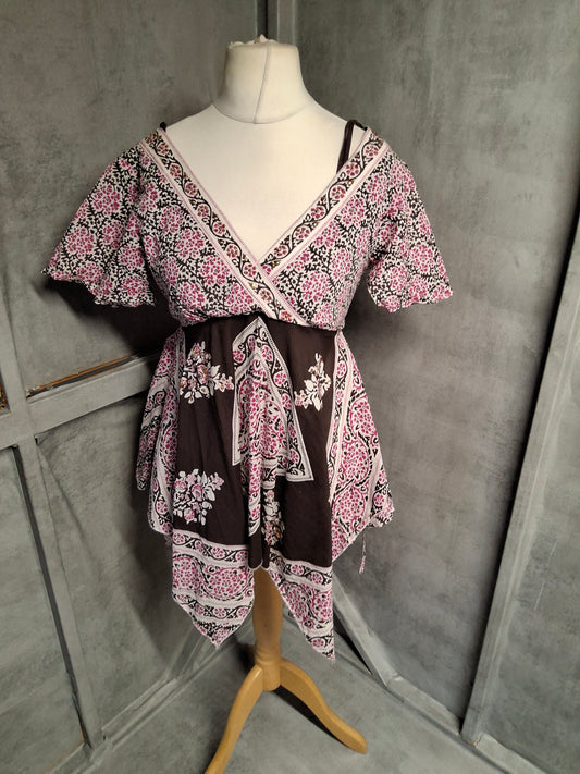 Oasis Brown & Pink Floral Handkerchief Hem Boho Top – Size 8 – 100% Cotton