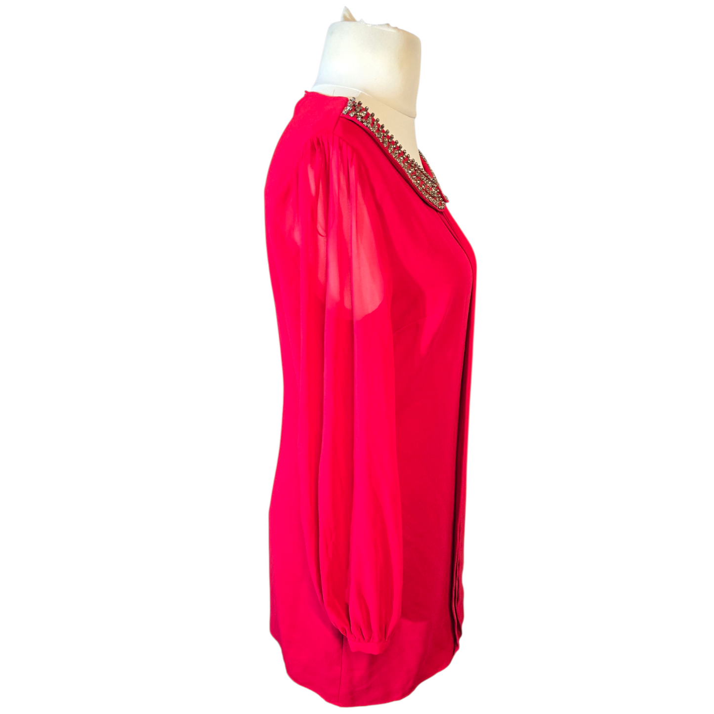 Oasis Red Pleated Gem-Collar Dress – Size 12 – Sheer Sleeves & Knee Length