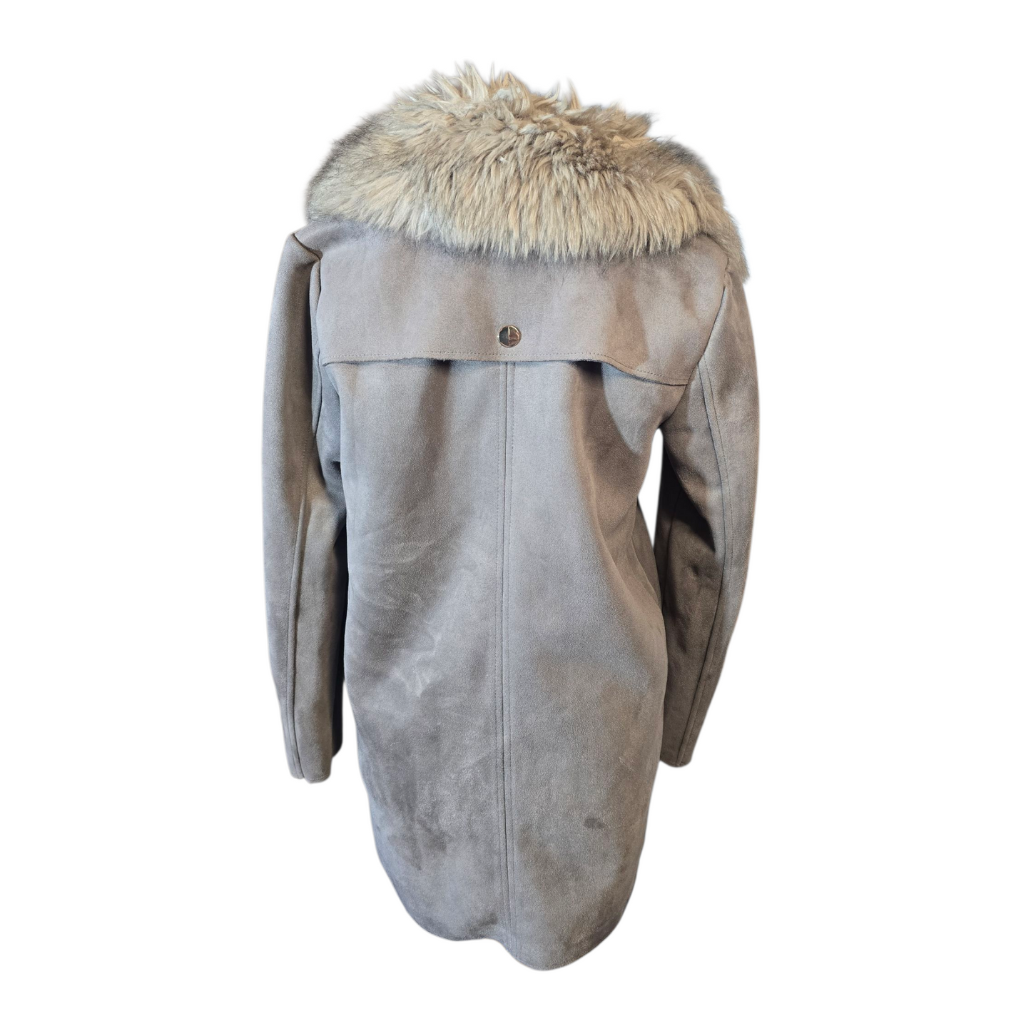 River Island Grey Suedette Coat – Size 10 – Faux Fur Collar Wrap Style Oversized