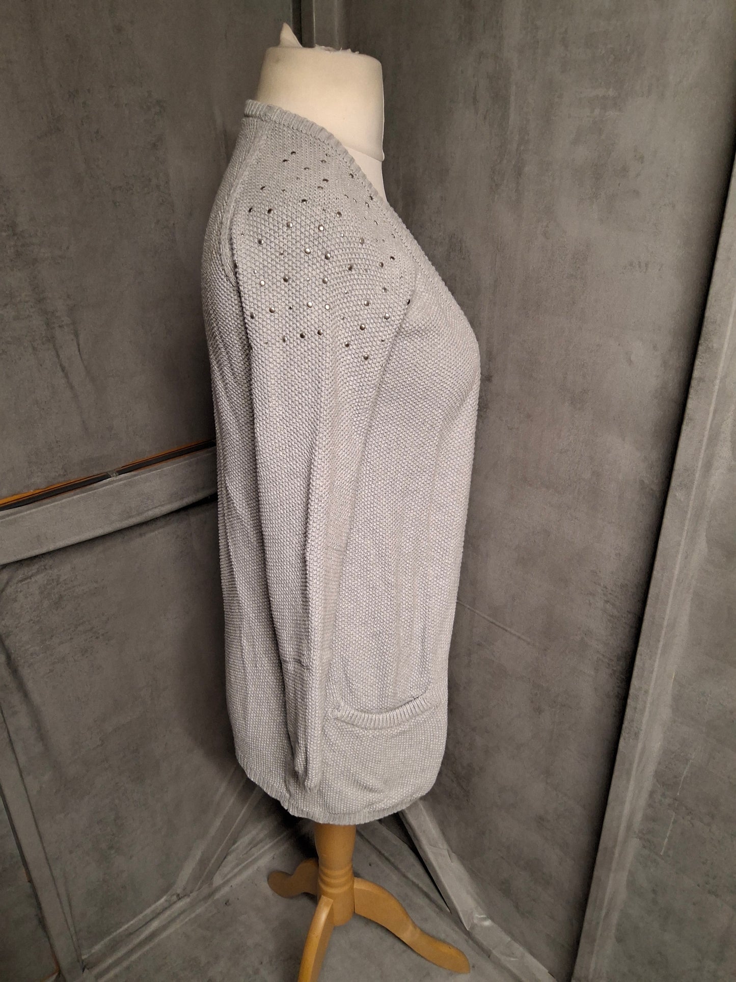Fransa Grey Stud Shoulder Open Knit Cardigan – Size S (UK size 8/10)