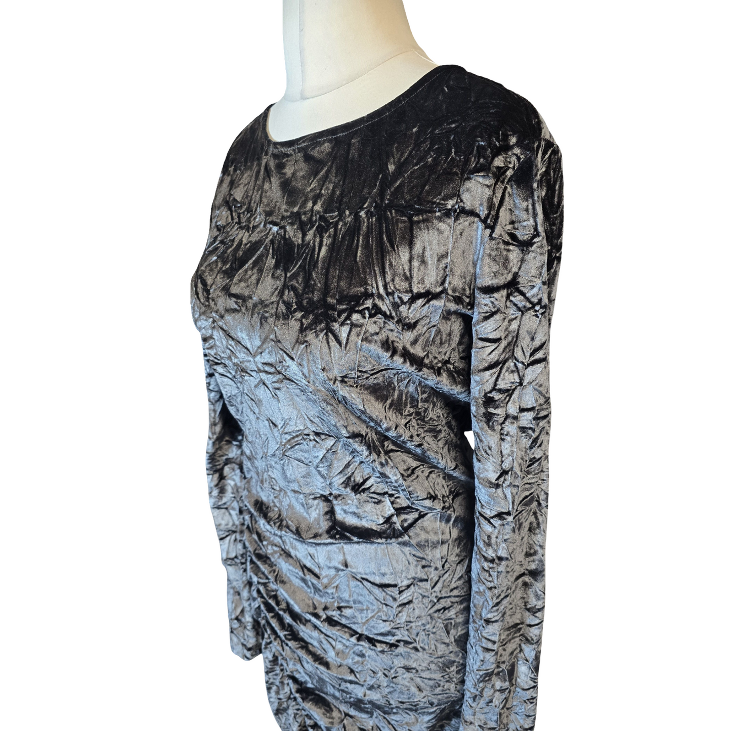 Next Charcoal Crushed Velvet Midi Dress – Ruched Long Sleeve Bodycon – Size 16