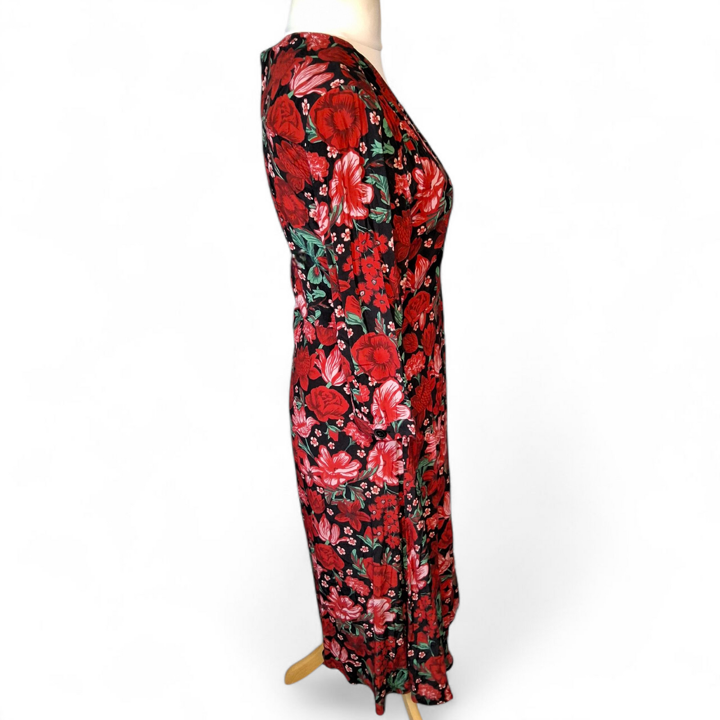 Monki Red Floral Wrap Style Dress – 3/4 Sleeve, Knee to Midi Length – UK 10