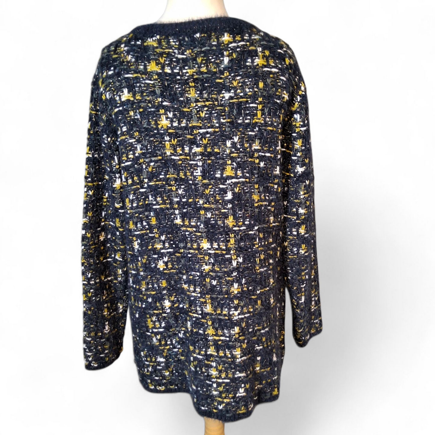 Cerulean Navy & Mustard Chunky Knit Cardigan – Glitter Thread – Size 12/14 Oversized