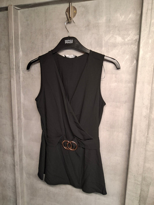Select Black Sleeveless Peplum Top – Size 8 with Gold Buckle Detail
