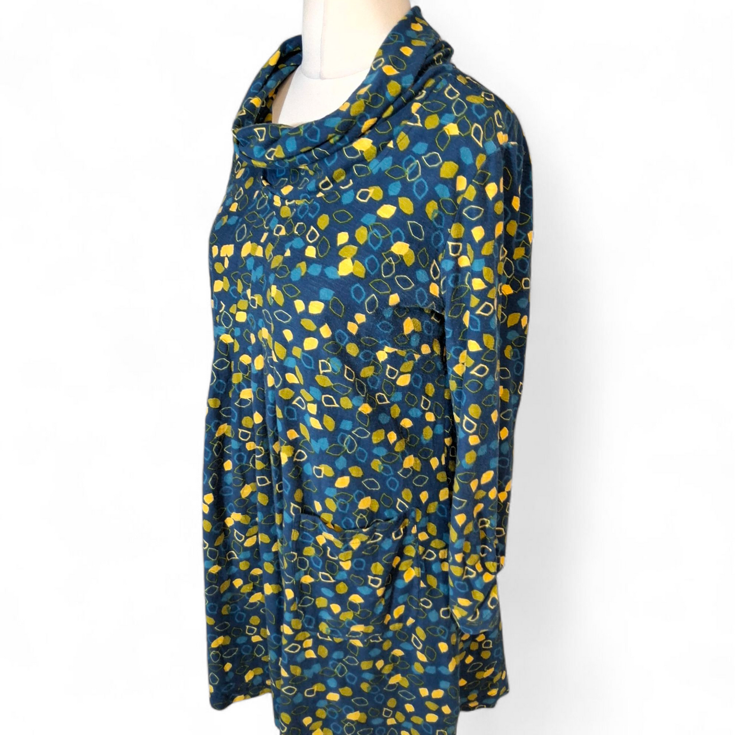 Adini Blue & Yellow Patterned Roll Neck Cotton Dress – Size M (UK size 14)