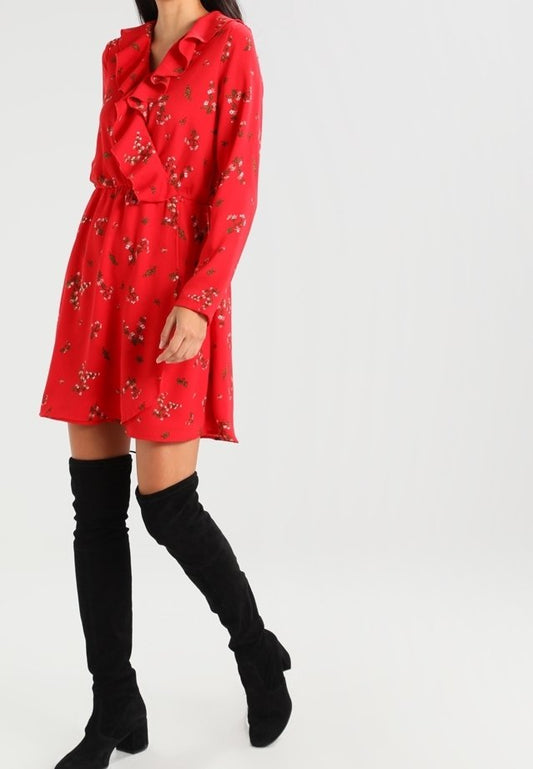 Vero Moda Red Floral Frill Wrap Dress – Size M (UK size 10/12) – NWT