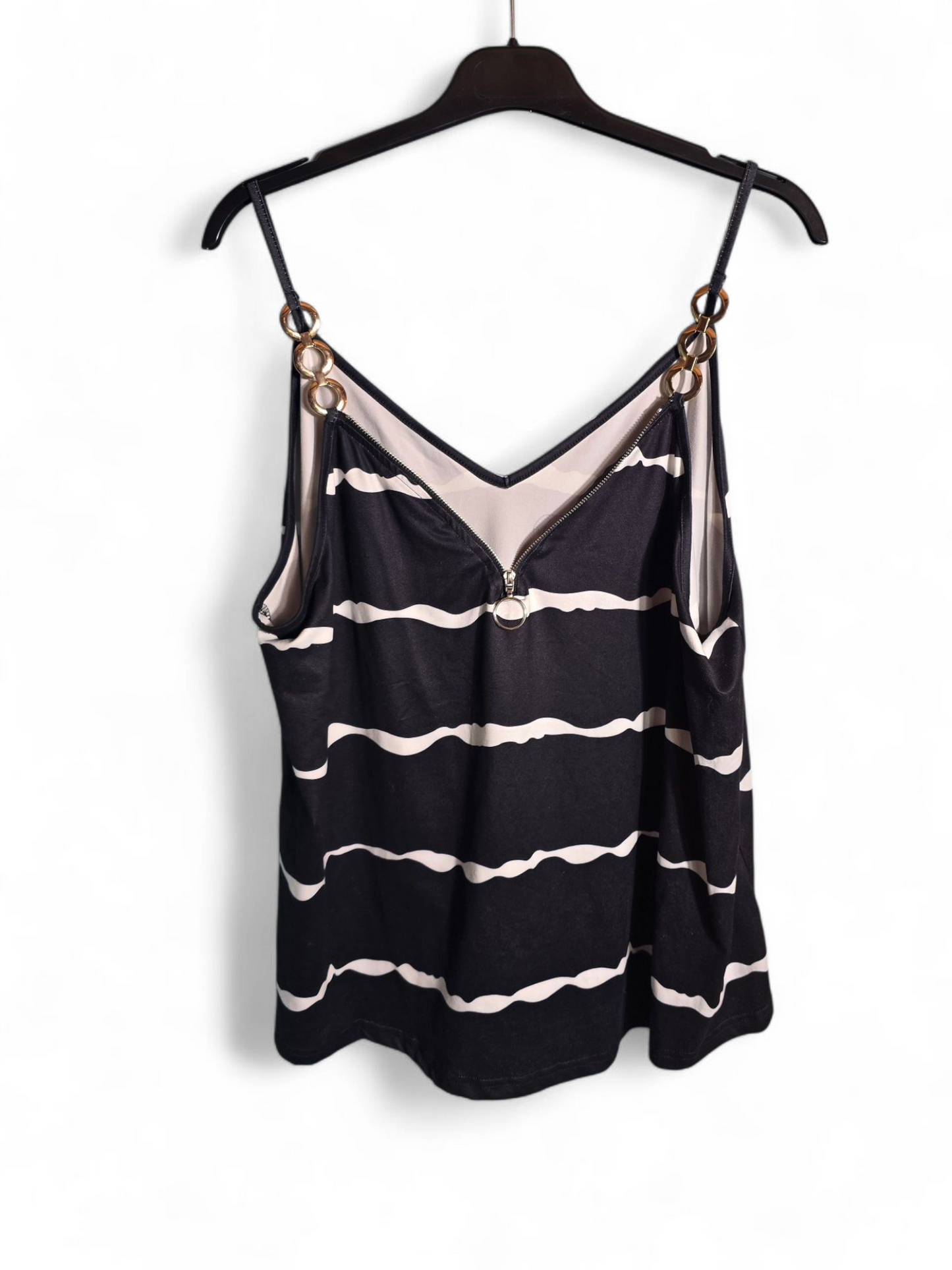 Shein Black & White Striped Cami Top Size XL (Fits 14) – Gold Ring Straps, Front Zip