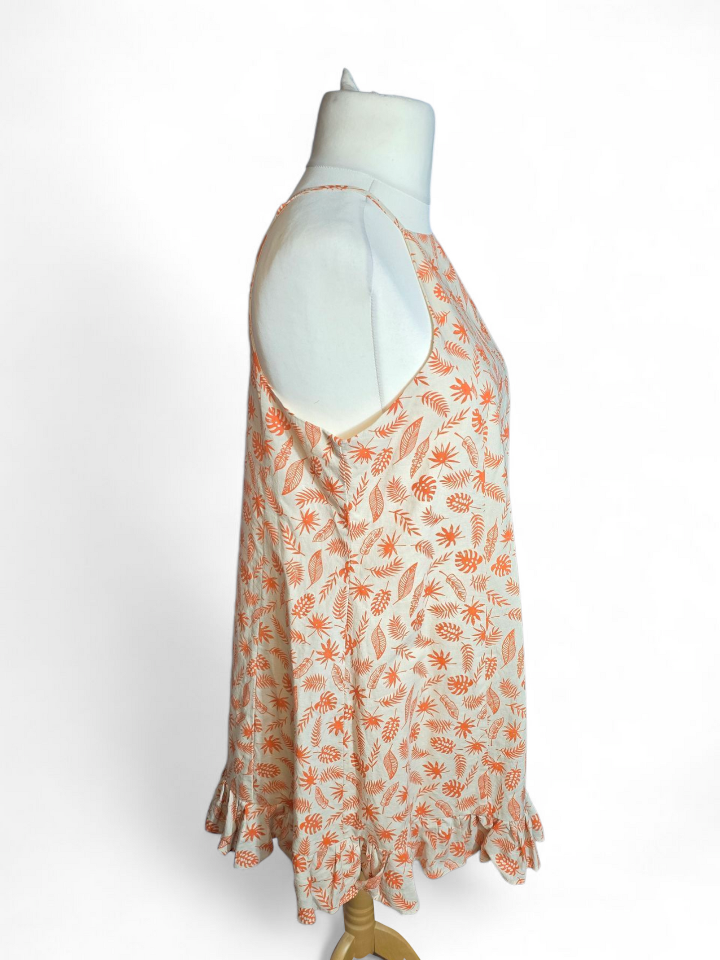 Glamorous Beige & Orange Floral Dress Size 14 – Sleeveless, Frilly, Button Back, Knee Length