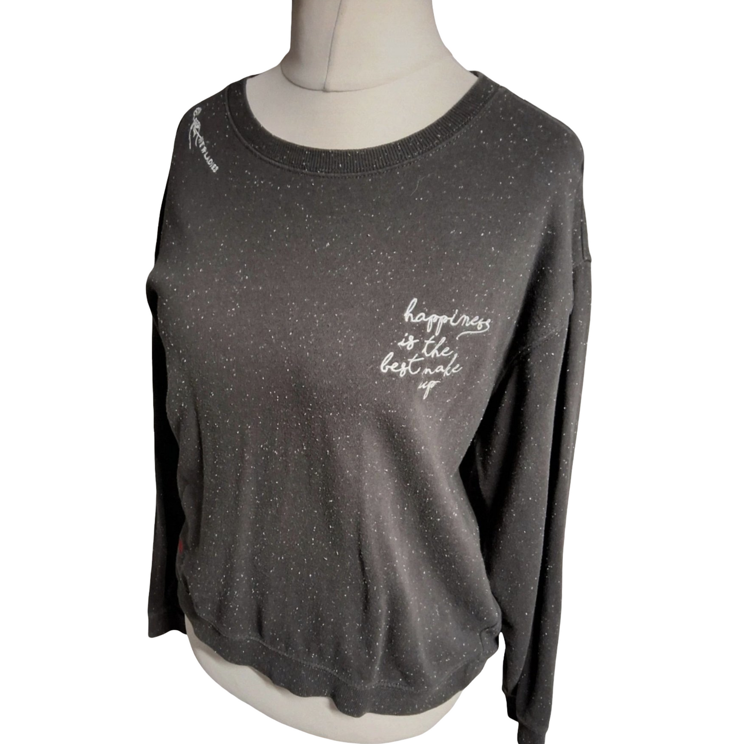 H&M Grey Speckled Slogan Sweatshirt – Size M (UK size 10–12) – “Happiness” Jumper