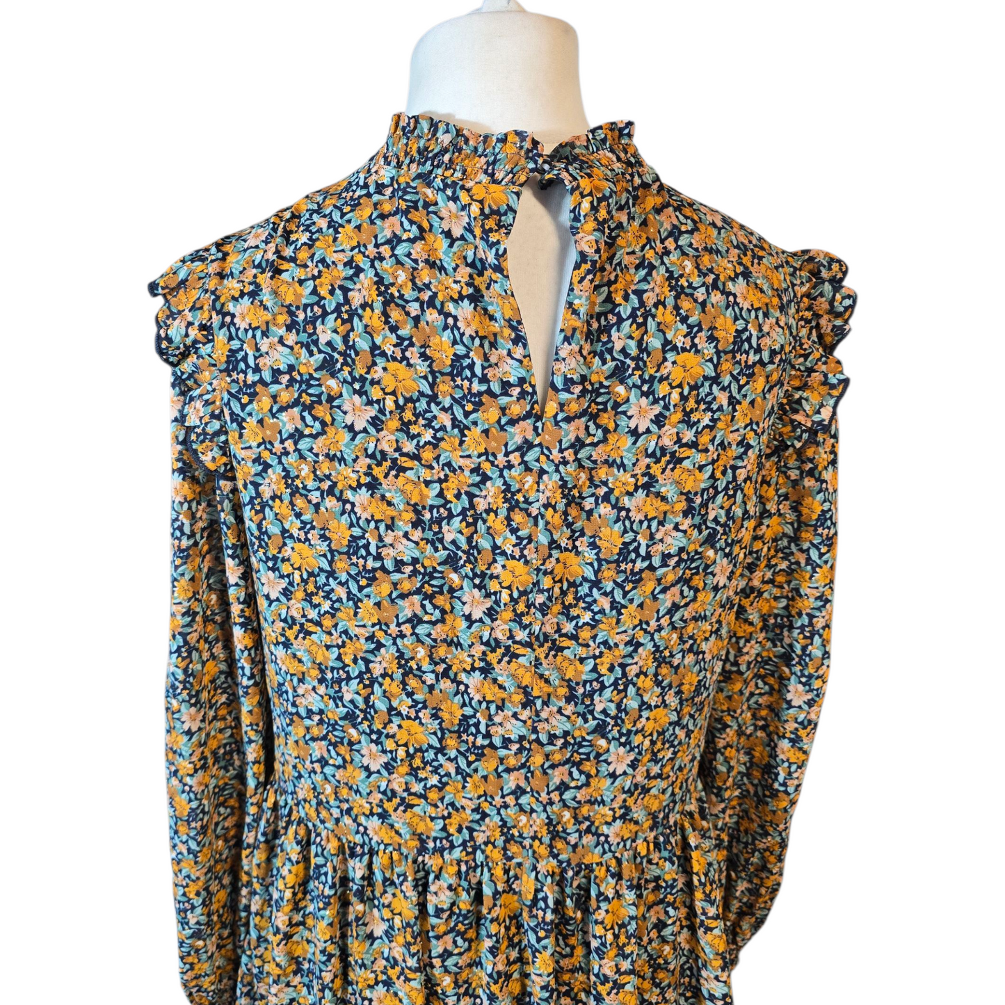 Warehouse Orange & Navy Floral Ruffle Dress – Size 12