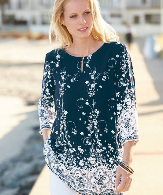 Damart Navy & White Floral Tunic Top – Size 26 – ¾ Sleeves – 100% Viscose
