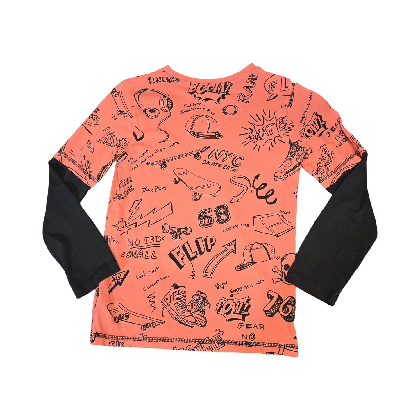 F&F Coral Orange & Black Long Sleeve Graphic Tee – Boys 7–8 Years