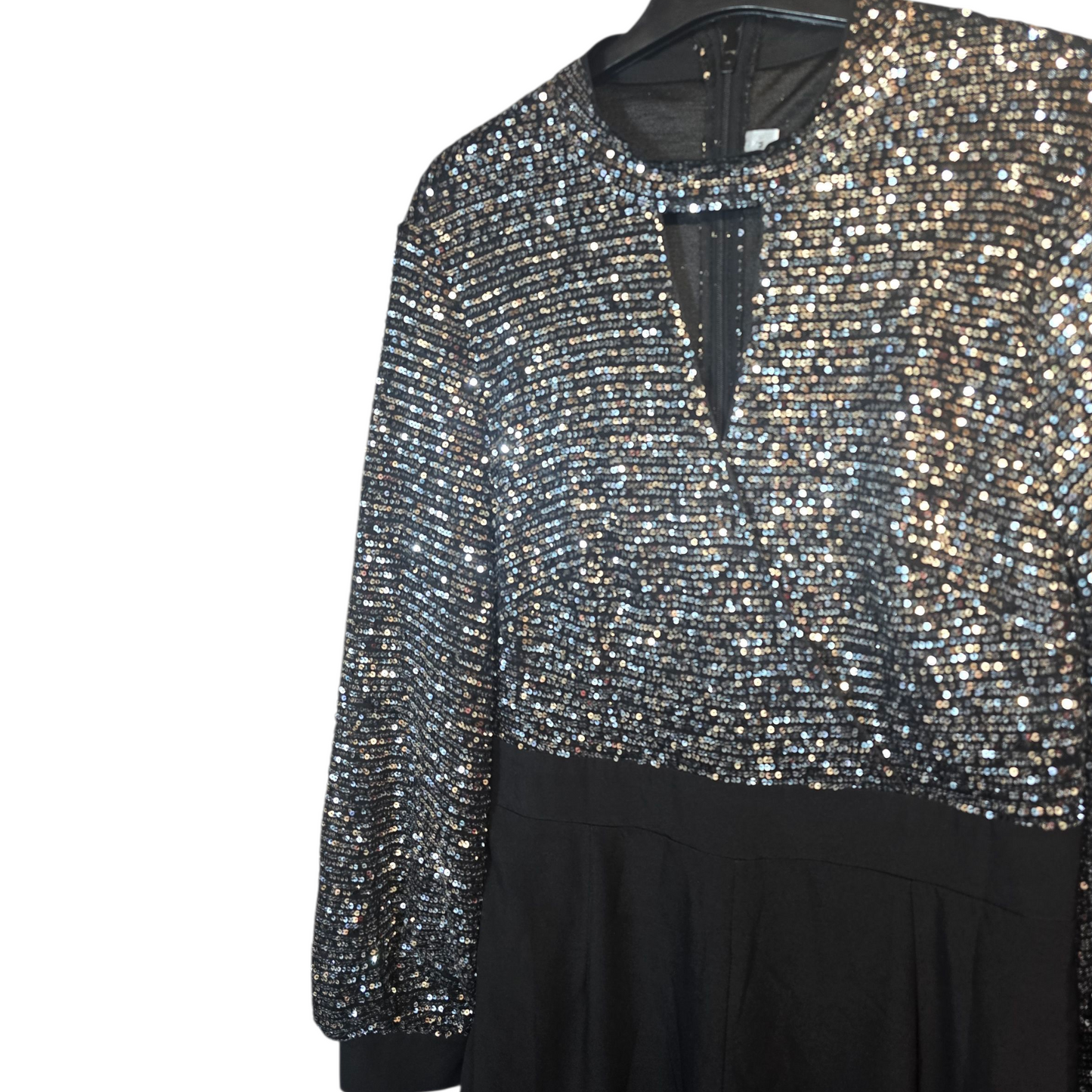 Silver Sequin & Black Long Sleeve Jumpsuit – Size M (size 10/12) – Choker Neck & Flared Leg