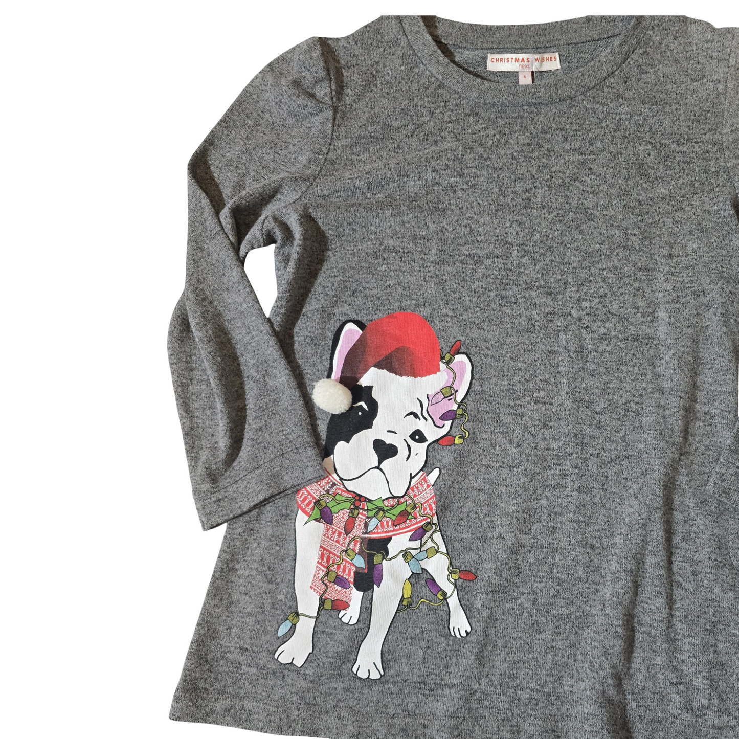 Next Grey 3/4 Sleeve Christmas Dog Top – Size 8 – Festive Print Tee