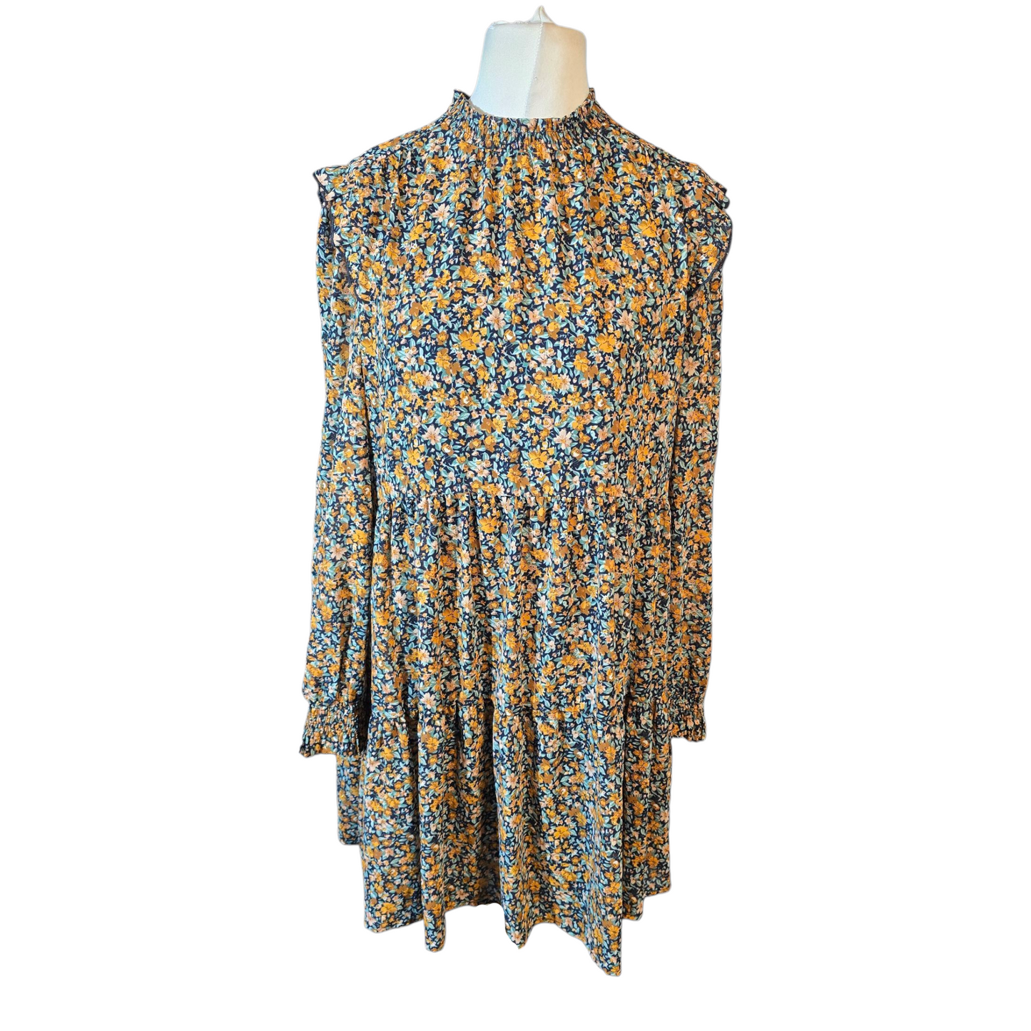 Warehouse Orange & Navy Floral Ruffle Dress – Size 12